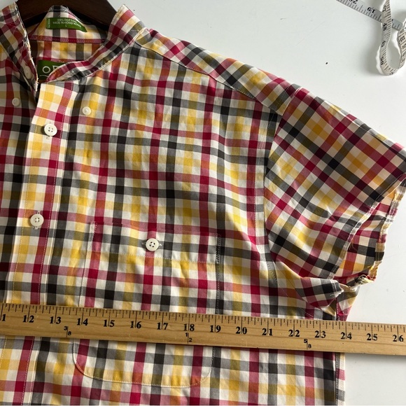 Orvis Collarless Orange Green Gingham Plaid Checked Button Up Short Sleeve Sz L - Picture 6 of 6